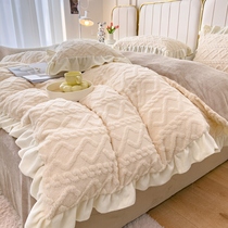 Winter Princess wind cream four pieces of bed with lace taf velvet pure colored bed thickened by sleeve