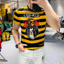 2020 Summer new mens Tide brand stripe hot diamond print short sleeve T-shirt double mercerized cotton trend slim half sleeve