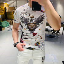 Hot Diamond casual short sleeve T-shirt mens fashion brand mens summer slim body European and American trend shirt printed sequin shirt