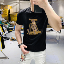 2020 Summer new European and American trend fashion casual handsome round neck slim slim Diamond cotton Short Sleeve T shirt mens tide