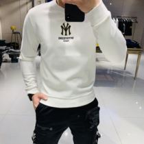 2021 tide brand embroidery slim fit European and American round neck sweater men autumn and Winter solid color cotton youth handsome casual round neck white