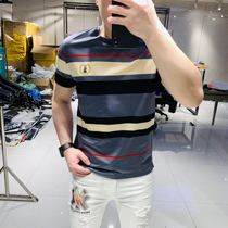 2021 summer new business leisure striped round neck trend slim slim European and American embroidery mercerized cotton short sleeve T-shirt men