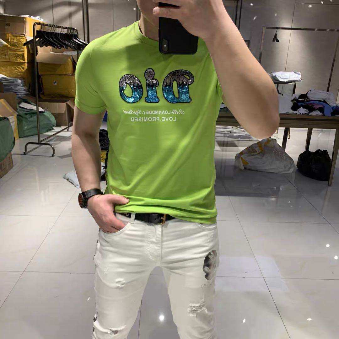 Trendy fashion elastic slim European mercerized cotton continent letter embroidery printing short-sleeved t-shirt men's half-sleeved