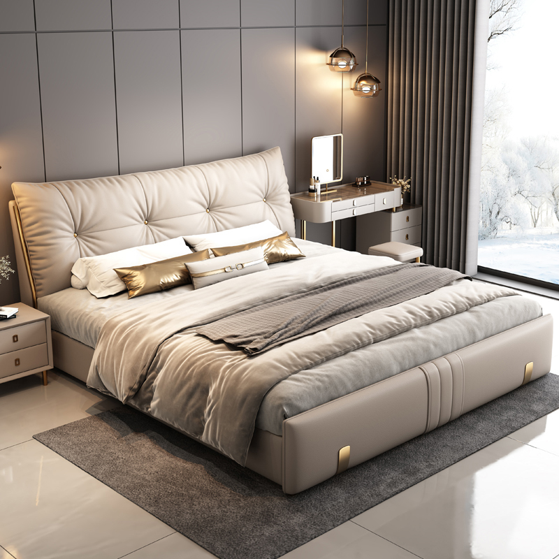 2026 New Model Light Luxury High-End Simple Modern Genuine Leather Bed Large Bed Solid Wood Upholstered Master Bedroom Luxury Wedding Bed 2m 2026 New Model Light Luxury High-End Simple Modern Genuine Leather Bed Large Bed Solid Wood Upholstered Master Bedroom Luxury Wedding Bed 2m