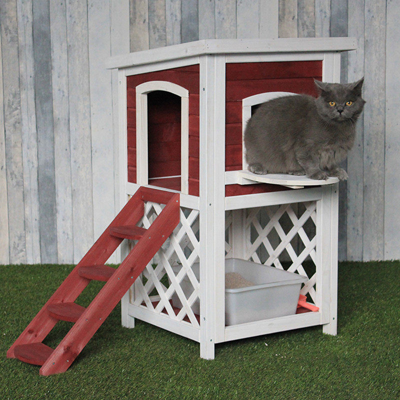 New cat litter outdoor waterproof solid wood cat house anti-corrosion rain-proof four seasons pet litter removable and washable cat house