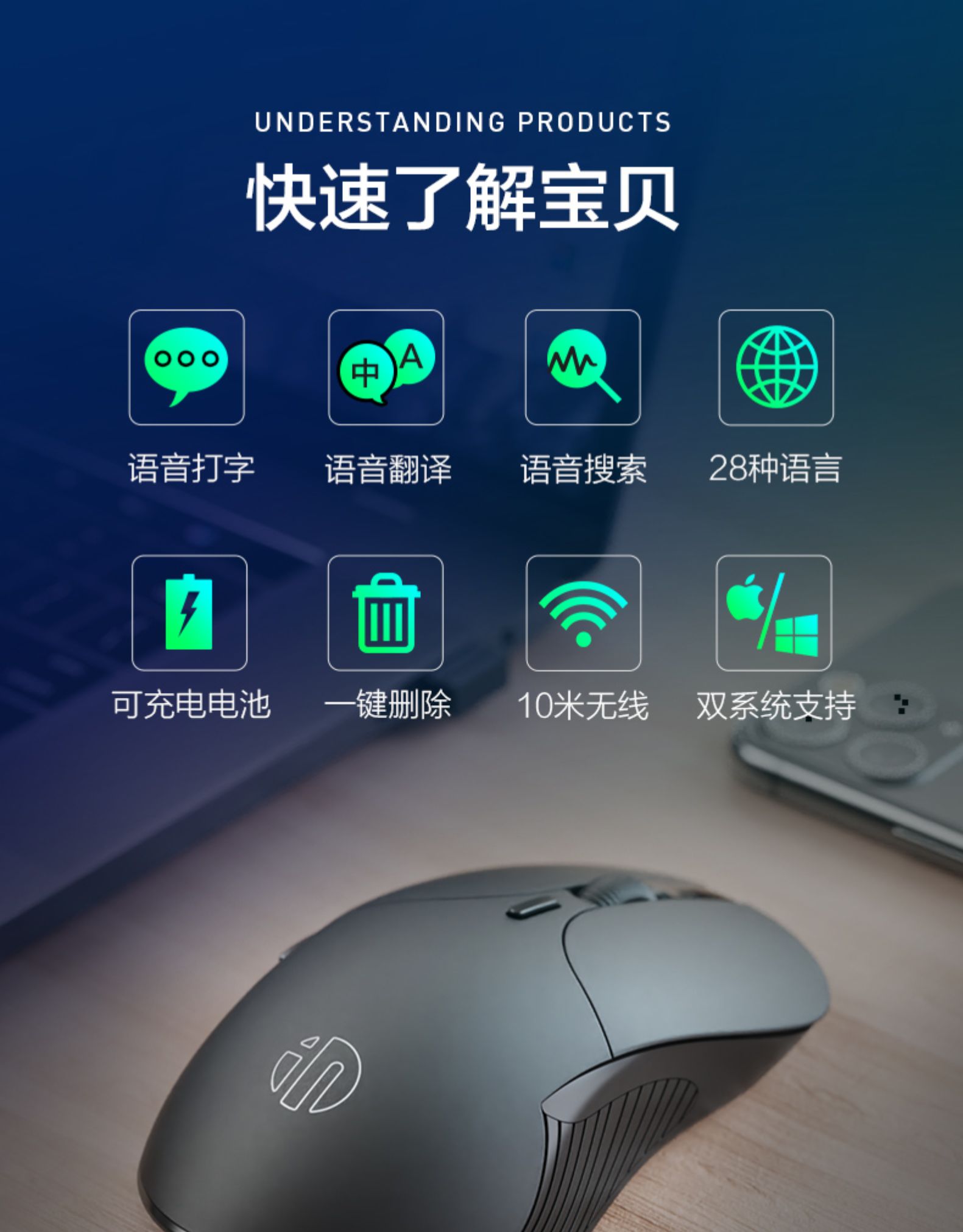 英菲克 PS6 AI智能无线鼠标 语音打字 多国翻译 科大讯飞技术 图5
