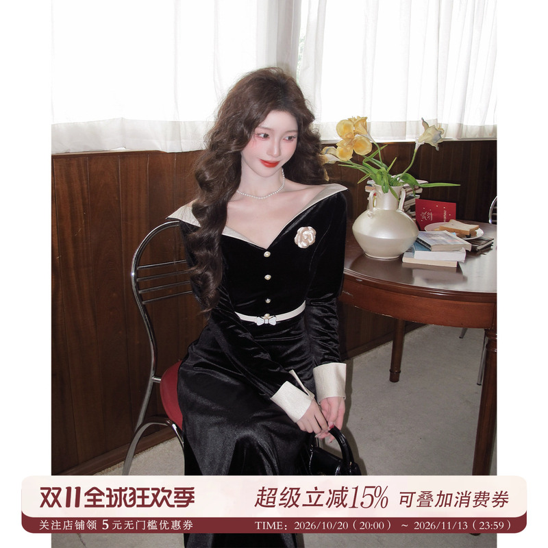 Shishi Is Not Emo【Starry Night Prologue】French Elegance Hepburn Style Velvet Waist-Cinching Autumn and Winter Fishtail Dress