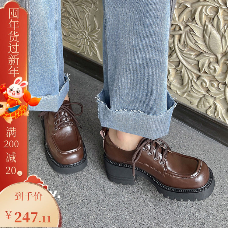 (In stock) cool sweet cool sweet~ British thick-soled heightened lace-up medium and high-heeled small leather shoes thick-heeled single shoes for women