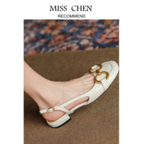 Miss Morning  Wonderful watch push French vintage bull leather bag behind trip low heel sandals