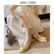 Miss Morning chao French elegant ~ shallow shoes small square flower head and the air heel sandals behind the head