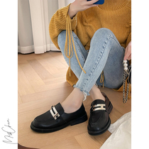 Miss Chen Cool ~ thick soles increase the metal button of English wind round head metal button flat sole leather single shoe woman