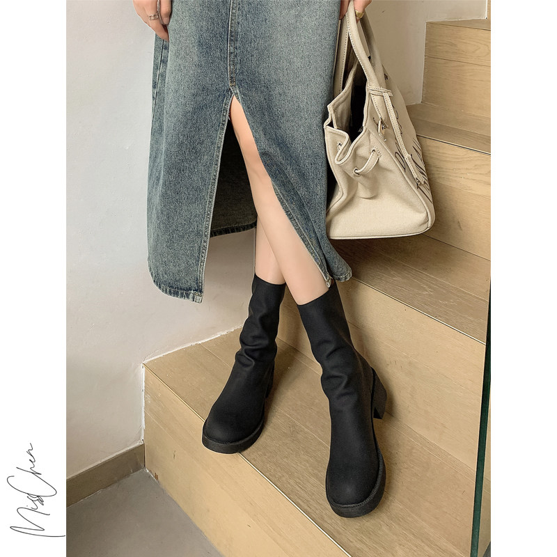 Miss Morning Love ~ Round head super-good fold coarse and thin zipper lean boots pour boots