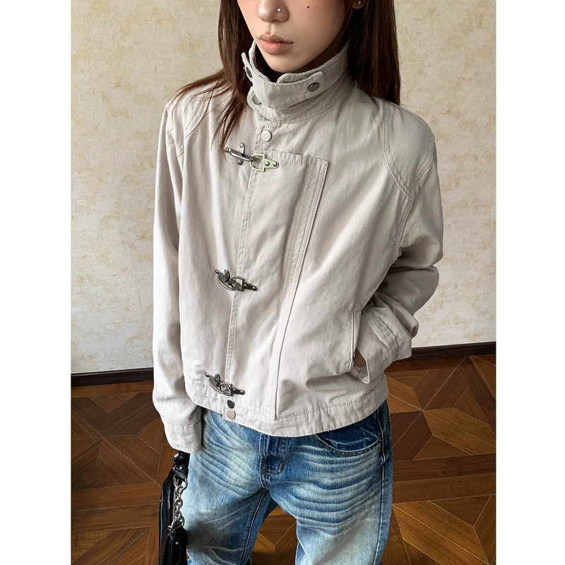 Apocket American Deconstructed Design Airplane Buckle Stand Collar Jacket Unisex Vintage Retro Short Wide Distressed Coat