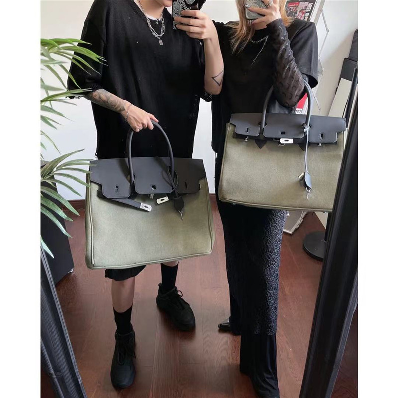 FTM$ EXCLUSIVE HOMEMADE ARMY GREEN CANVAS GENUINE LEATHER SPLICING WITH LID CATCH FASHION MALE AND FEMALE HAND CARRYING BAG PLATINUM BAG