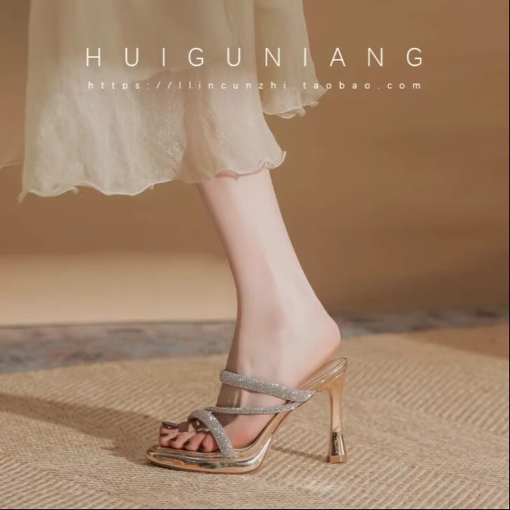 French-Style Thick-Soled Stiletto High Heels for Women, Outdoor Wear, Rhinestone Strap, Platform Sandals, Small Size for Petite Women