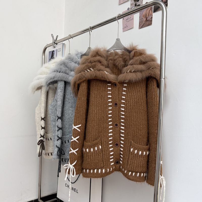 【Snowy Soft Mist】Casual Fox Fur Navy Collar Thick Sweater Coat Knitted Mid-Length Loose Fit