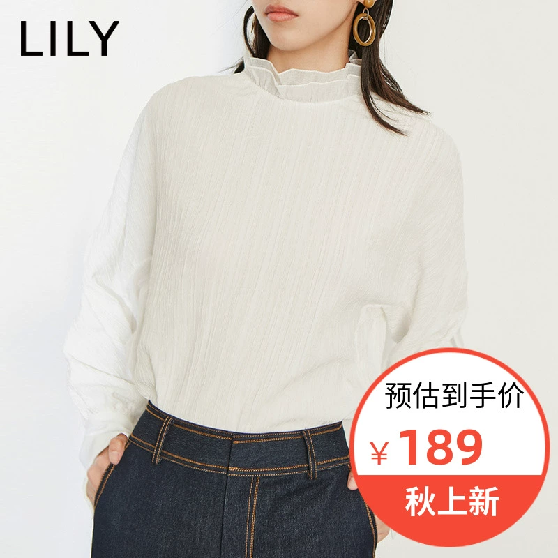 LILY2019 mùa đông mới của phụ nữ đứng cổ áo xù lỏng tay áo bat tay áo voan 119410C8120 - Áo sơ mi chiffon ren