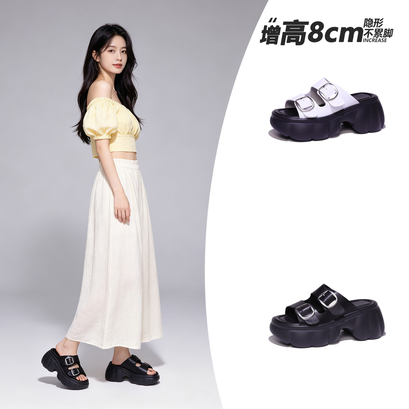 European Style Punk Double Buckle Thick-Soled Slippers for Women, Suitable for Outdoor Wear, 2026 Summer Height-Increasing Platform Versatile Casual Birkenstock-Style Sandals