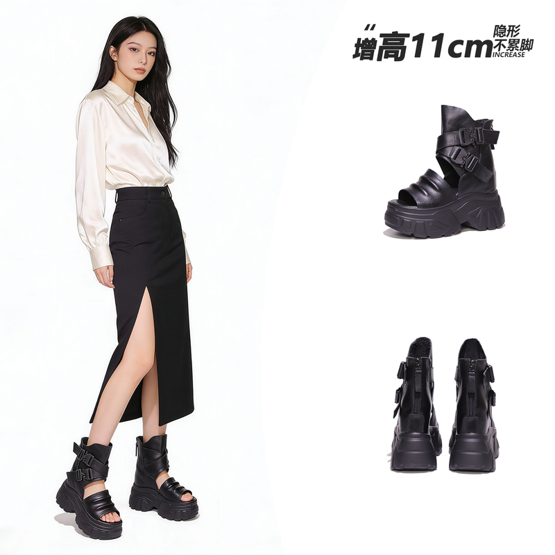 European First-Layer Cowhide Thick-Soled Peep-Toe Sandals for Women, Summer 2026, Height-Increasing Roman Sandals for Petite Women, 11cm