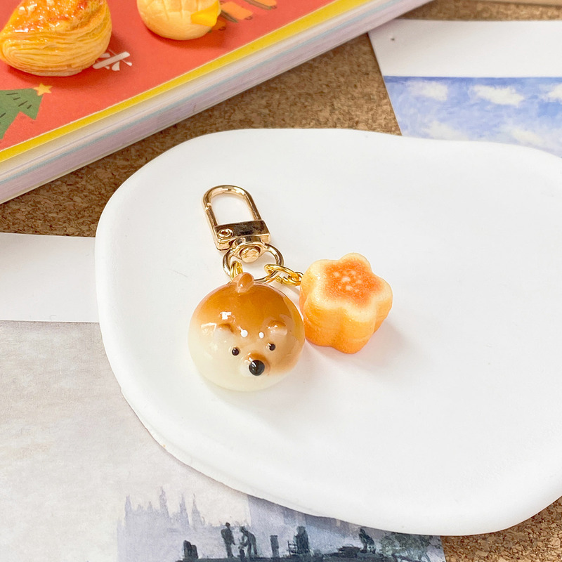 Food-Themed Chubby Shiba Inu Cat Bread Toast Fried Egg Pendant Keychain Earphone Case Car Keychain Bag Charm Cookie