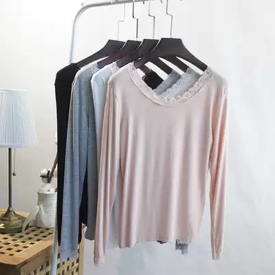 Korean autumn dress sexy lace lace small shirt slim base shirt long sleeve modal round neck T-shirt autumn clothes