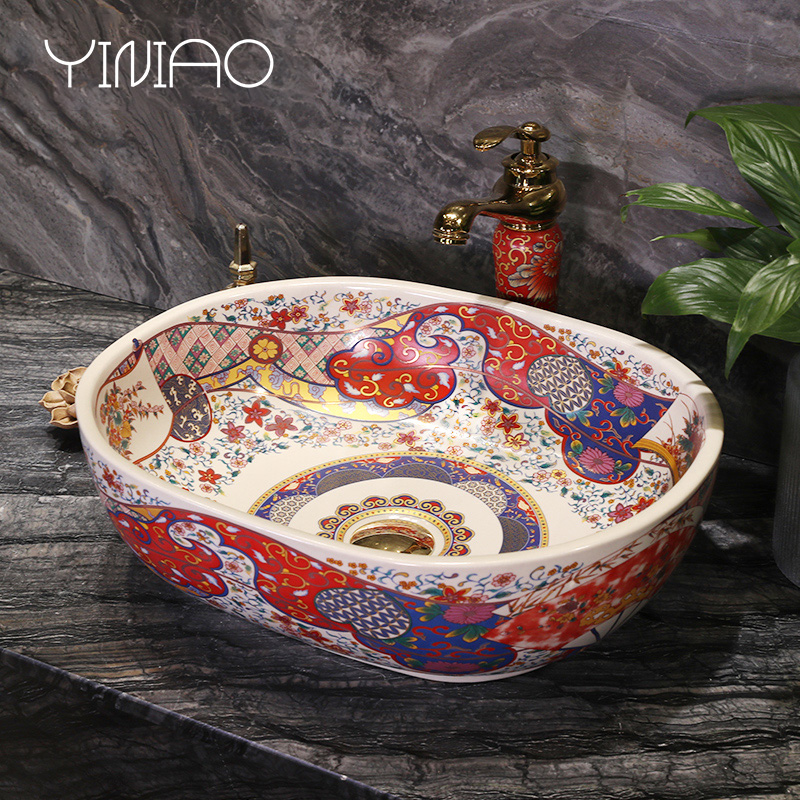 Ceramic art basin on its square Europe type lavatory toilet lavabo, marble platform basin oval