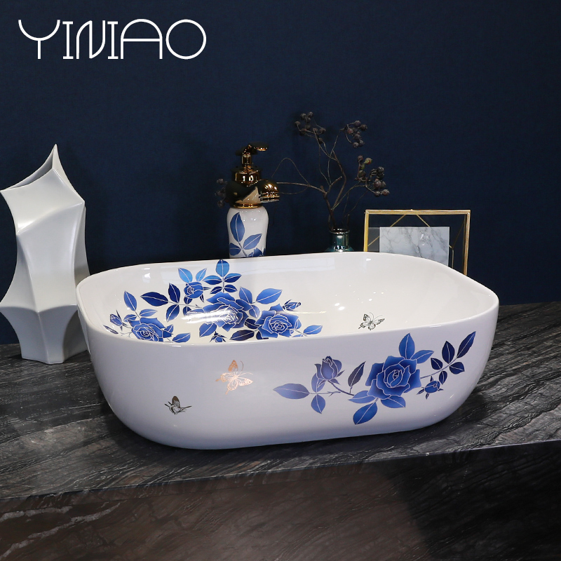 Simple fashion stage basin ceramic lavabo blue roses lavatory oval face basin bathroom art basin