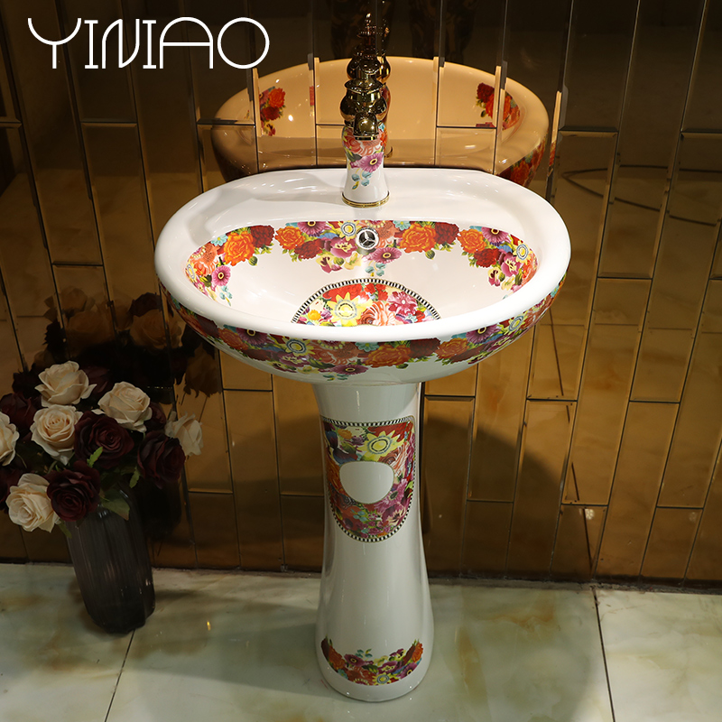 Ceramic floor pillar basin one - piece basin art lavabo balcony column type lavatory girls, flowers and birds