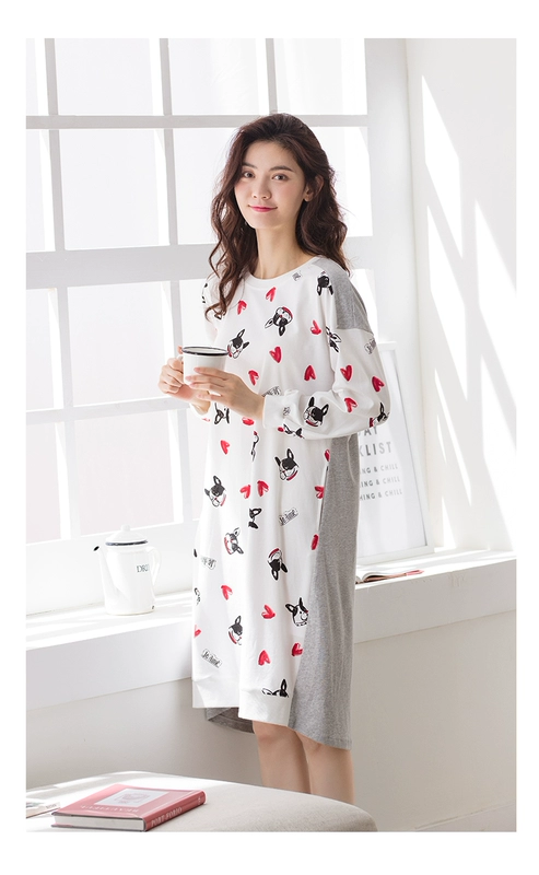 Jing Yun mùa thu cotton nữ đồ ngủ dài tay dễ thương vẻ đẹp ngọt ngào áo dài dài phiên bản Hàn Quốc của dịch vụ nhà cotton lỏng lẻo đầm ngủ công chúa