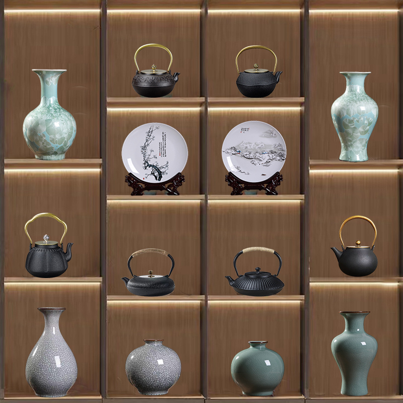 New Chinese-Style Tea Room Hotel Model Room Antique Shelf High-End Vintage Tea Ceremony Ornaments Teapot Zen Ceramic Vase
