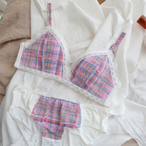 Denim Plaid sweet girly underwear sexy lace no trace breathable without steel ring small chest gathering bra set