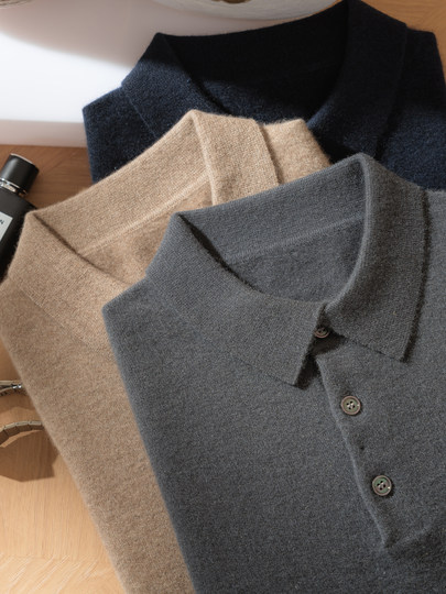 Polo Collar 100% Pure Cashmere Sweater Short-Sleeve T-Shirt Men's Spring and Autumn Short Pullover Half-Sleeve Knitwear Loose Fit