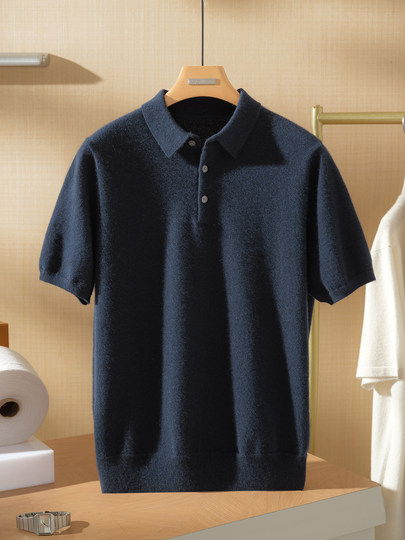 Polo Collar 100% Pure Cashmere Sweater Short-Sleeve T-Shirt Men's Spring and Autumn Short Pullover Half-Sleeve Knitwear Loose Fit