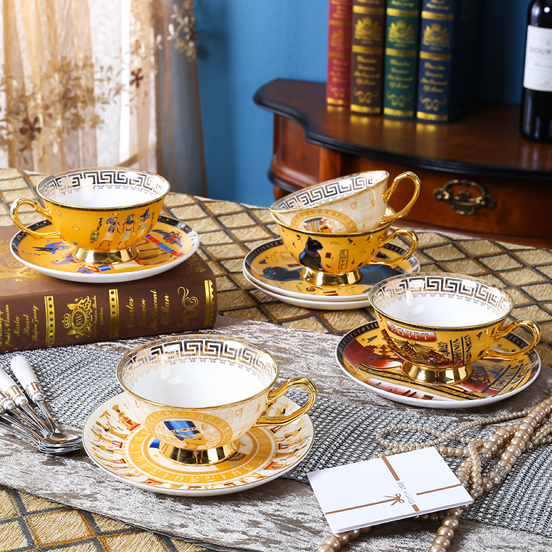 High-End Gold-Rimmed Bone China Coffee Cup and Saucer, Egyptian Cat Pharaoh Cup and Saucer, Afternoon Tea, Black Tea Cup, Flower Tea Cup