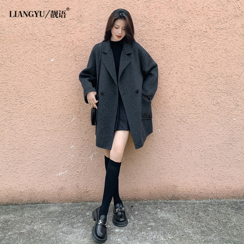 Gray Double-Sided Cashmere Coat for Women, Autumn and Winter, High-End 2025 New Korean Style Loose Mid-Length Woolen Coat