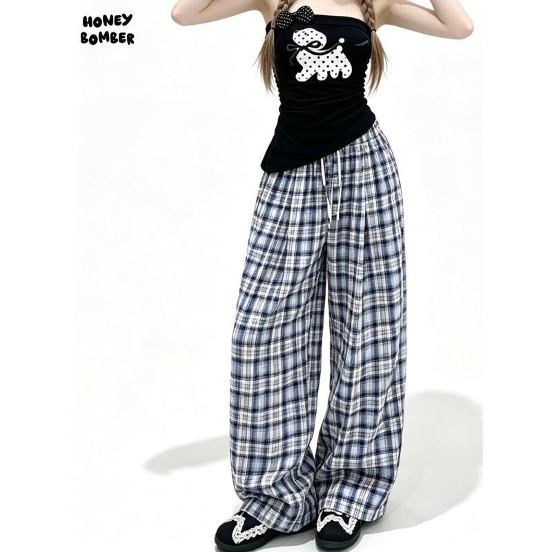 Japanese-Style Girl High-Waisted Wide-Leg Pants for Women, Summer Plaid, Relaxed Fit, Slimming, Drapey, Breathable Straight-Leg Pants, Cool Sports Pants Japanese-Style Girl High-Waisted Wide-Leg Pants for Women, Summer Plaid, Relaxed Fit, Slimming, Drapey, Breathable Straight-Leg Pants, Cool Sports Pants