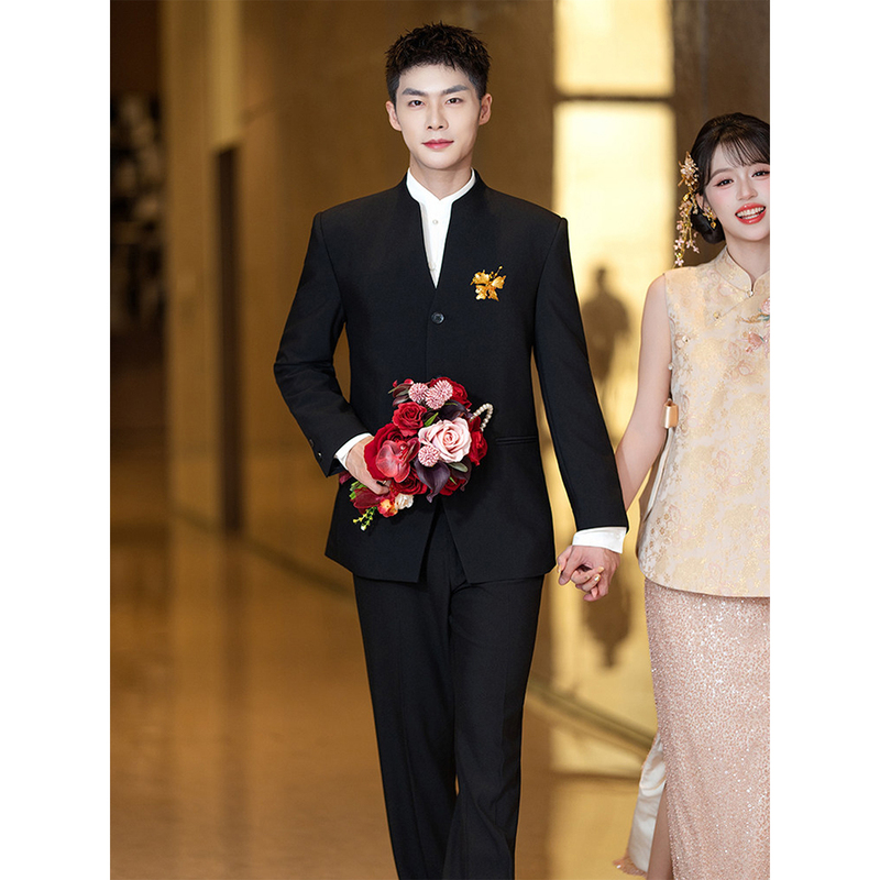 New Chinese-Style Engagement Suit for Men, V-Neck, High-End Black Zhongshan Suit, Groom's Wedding Attire for Marriage Registration New Chinese-Style Engagement Suit for Men, V-Neck, High-End Black Zhongshan Suit, Groom's Wedding Attire for Marriage Registration