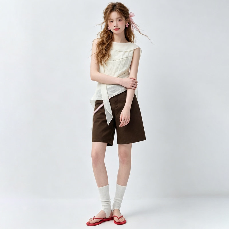 French-Style Elegant White Sleeveless Shirt with Ribbon and Hollow-Out Design for Women, Summer Design, Niche Loose Fit, Slimming Tank Top French-Style Elegant White Sleeveless Shirt with Ribbon and Hollow-Out Design for Women, Summer Design, Niche Loose Fit, Slimming Tank Top