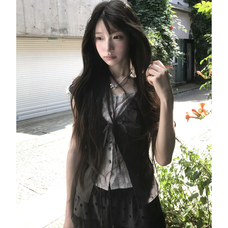 Japanese Vintage Style Fake Two-Piece Color-Blocked Lace Floral Shirt Women's Summer Korean Style Elegant Waist-Cinching Top