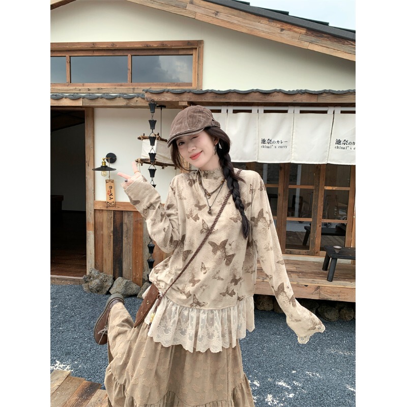 French Retro Butterfly Print Lace Long-Sleeved T-Shirt for Women, Early Autumn Design, Splicing, Very Beautiful Knitted Top French Retro Butterfly Print Lace Long-Sleeved T-Shirt for Women, Early Autumn Design, Splicing, Very Beautiful Knitted Top