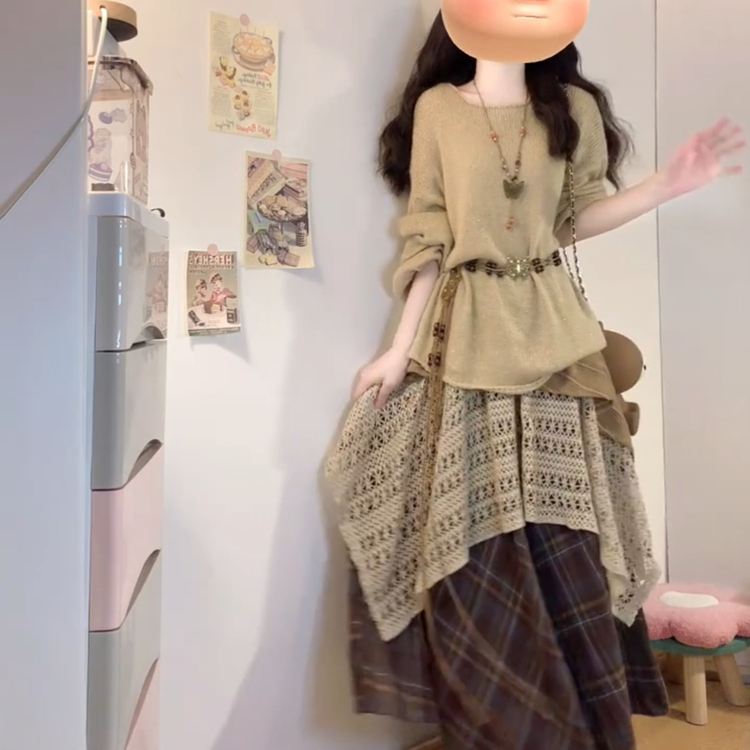 Wasteland Style Outfit for Women, Autumn Wear in Sichuan, Western China, Xinjiang, Yunnan Travel, Knitted Top and Skirt Two-Piece Set