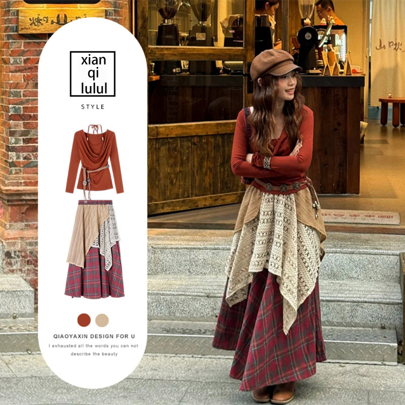 Bohemian Style Outfit for Women, Autumn Travel to Yunnan, Sichuan, and Xinjiang, Brick Red T-Shirt and Plaid Skirt