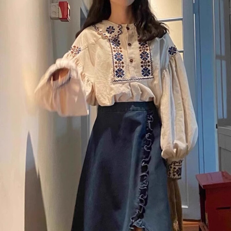 Ethnic Style Embroidered Doll Collar Long-Sleeved Shirt for Women, Spring and Autumn 2026 New Style, Forest Style, Retro, Loose and Super Nice Top