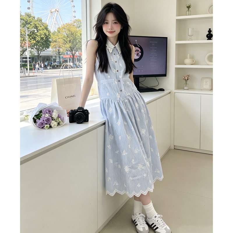 French Blue Stripesd Sleeveless Dress for Women, Summer Seaside Resort Style Lace Polo Collar Over-The-Knee A-Line Long Skirt French Blue Stripesd Sleeveless Dress for Women, Summer Seaside Resort Style Lace Polo Collar Over-The-Knee A-Line Long Skirt