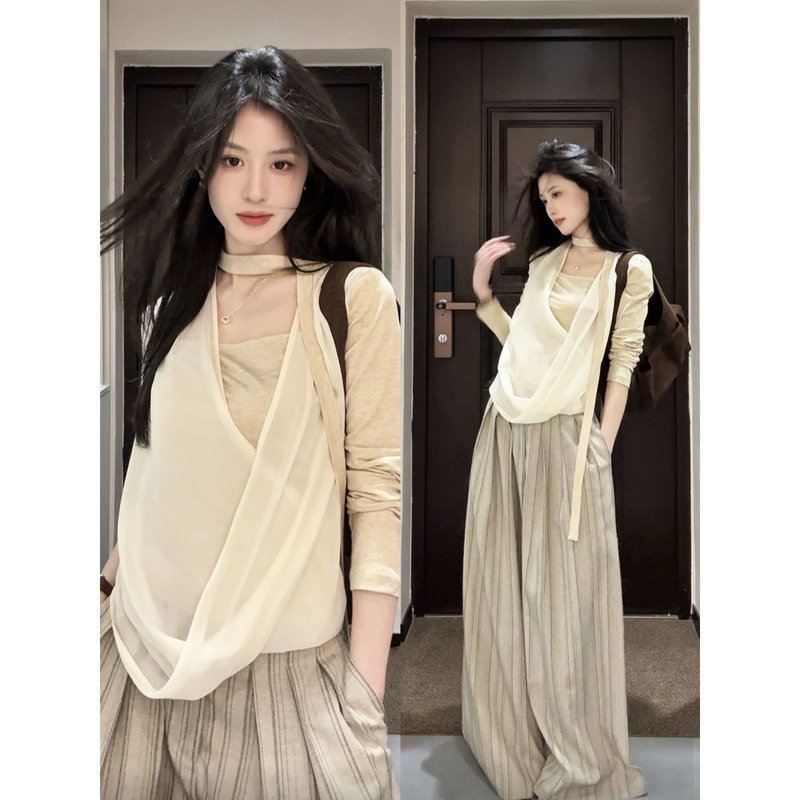 Fairy-Like Lulu Gentle Style Oatmeal Color Fake Two-Piece Mesh Patchwork Knit Top, New Relaxed Style Top for Spring and Summer