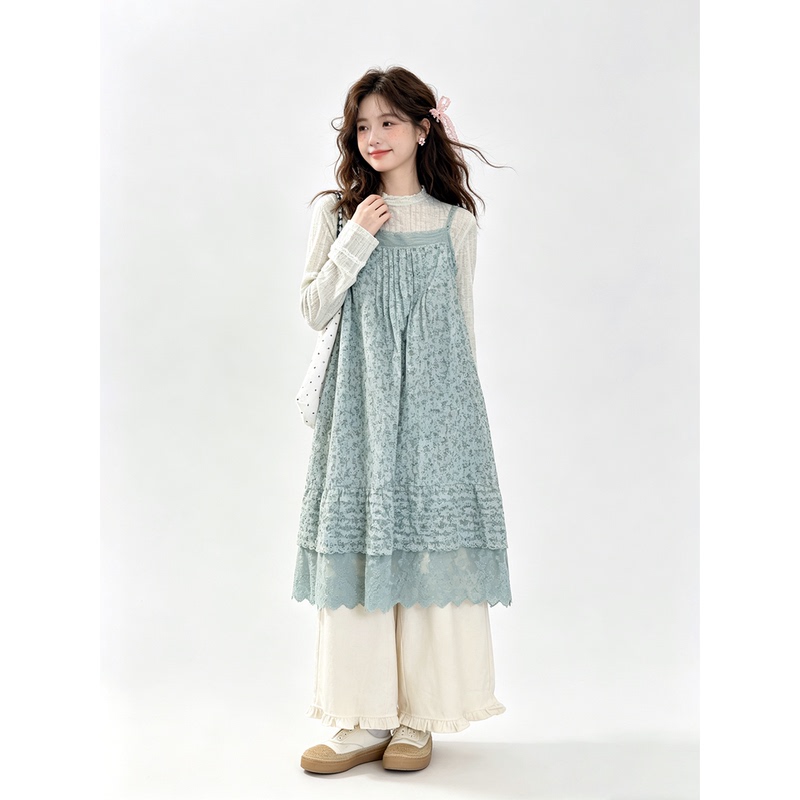 Forest-Style Women's Clothing for Autumn, Casual Girl's Lace Patchwork Floral Camisole Dress Layered with T-Shirt Two-Piece Set Forest-Style Women's Clothing for Autumn, Casual Girl's Lace Patchwork Floral Camisole Dress Layered with T-Shirt Two-Piece Set