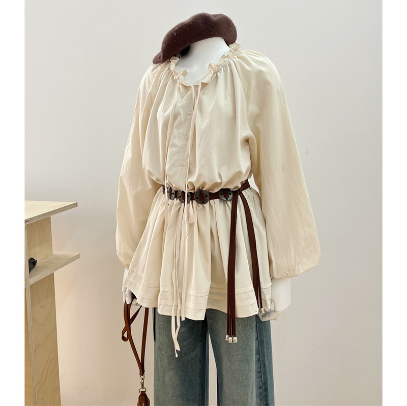 French-Style Ruffled Apricot Long-Sleeve Shirt for Women, Early Autumn, Elegant Design, Belted Waist, Stunning Top