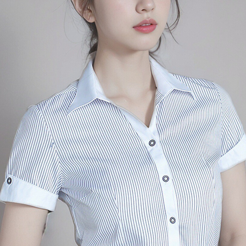 White-Collar Women's Black Striped Shirt with Horse Hoof Sleeves, Korean Style Slim-Fit Professional Workwear, White Base with Blue Stripes, Commuter Short-Sleeve Shirt