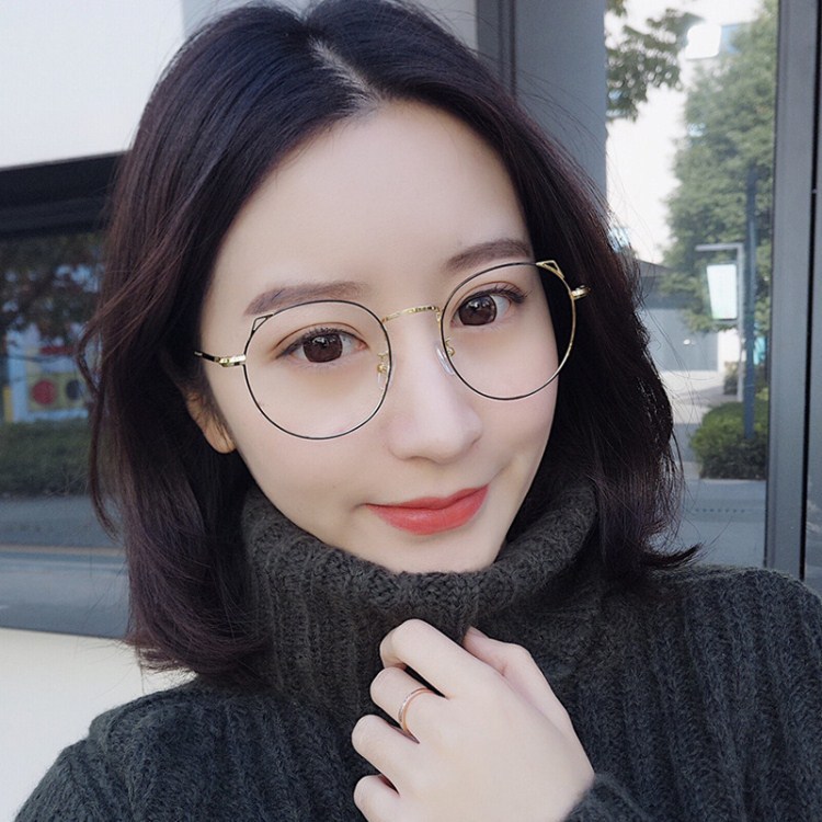 Retro siêu nhẹ Cá tính tai mèo gọng kính nữ dễ thương tròn mặt cận thị Nhật Bản mềm em gái khung phẳng kính mắt điện biên phủ