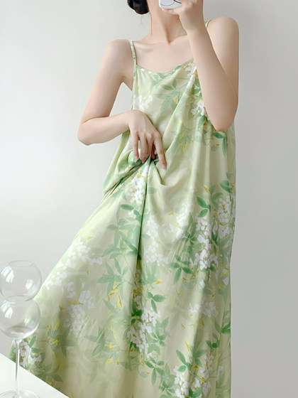 睡裙女夏清冷感禅意风仙女吊带拖地裙人造棉绸高级感连衣裙子显瘦